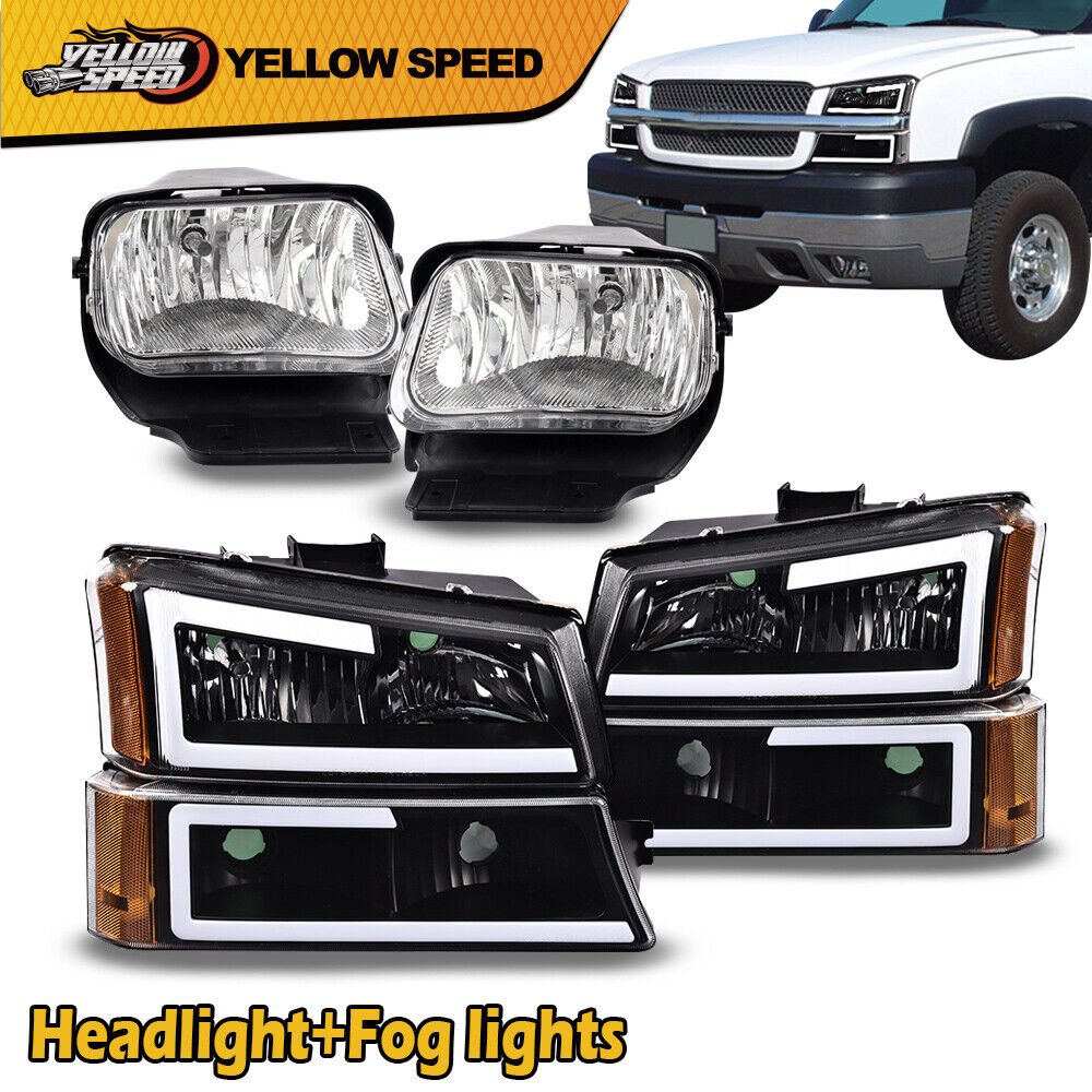 LED DRL Fit For 2003-06 Chevy Silverado Amber Black Headlights+Bumper Fog Lights