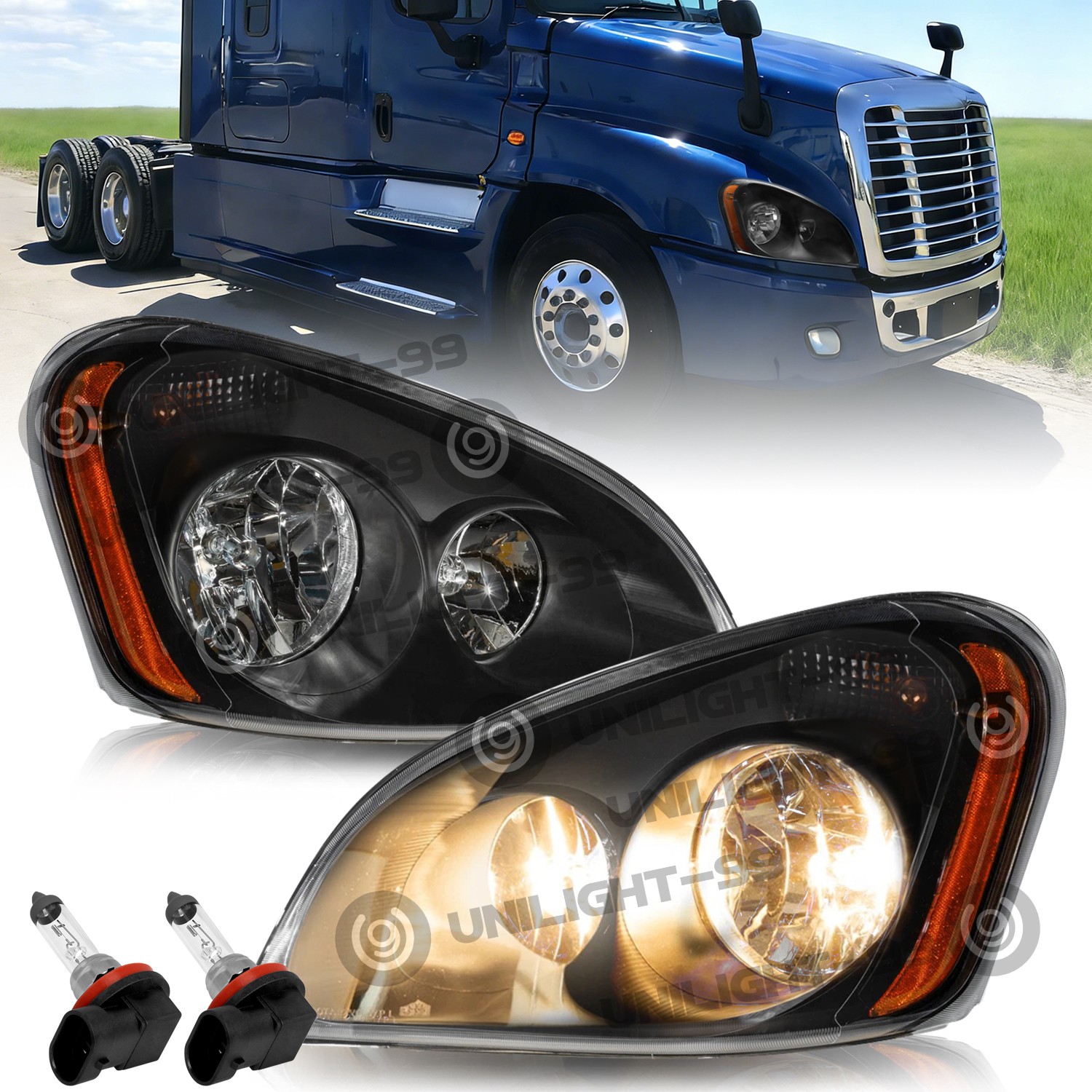 For 2008-2017 Freightliner Cascadia Black Headlights Headlamps Left+Right For 2008-2017 Freightliner Cascadia Black Headlights Headlamps Left+Right