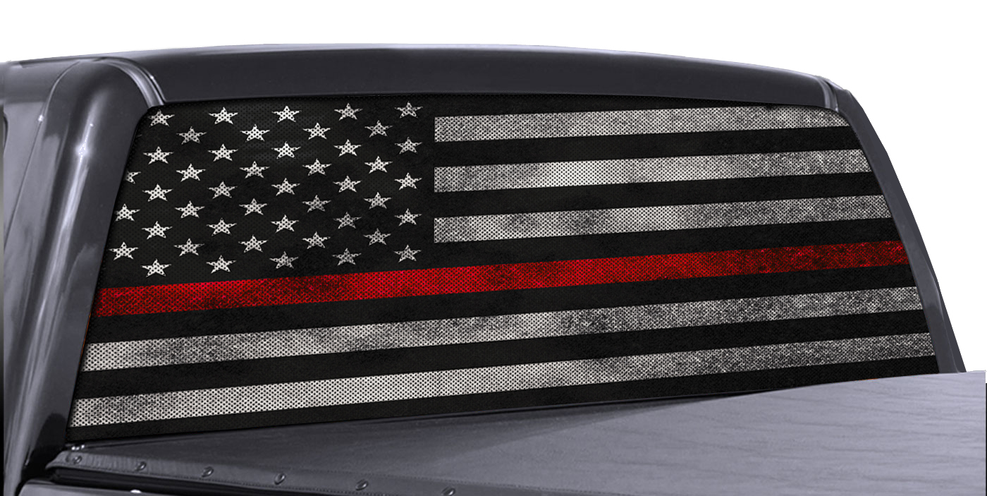 FGD Truck Rear Window Firefighter American Flag Perforated Vinyl Decal Red Line