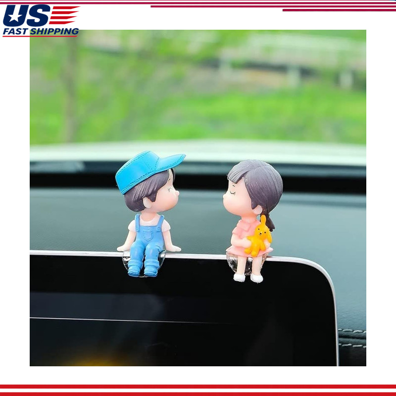 Cute Couple Car Figurines Dashboard Decoration, Blue Hat, Car Interior Accessory