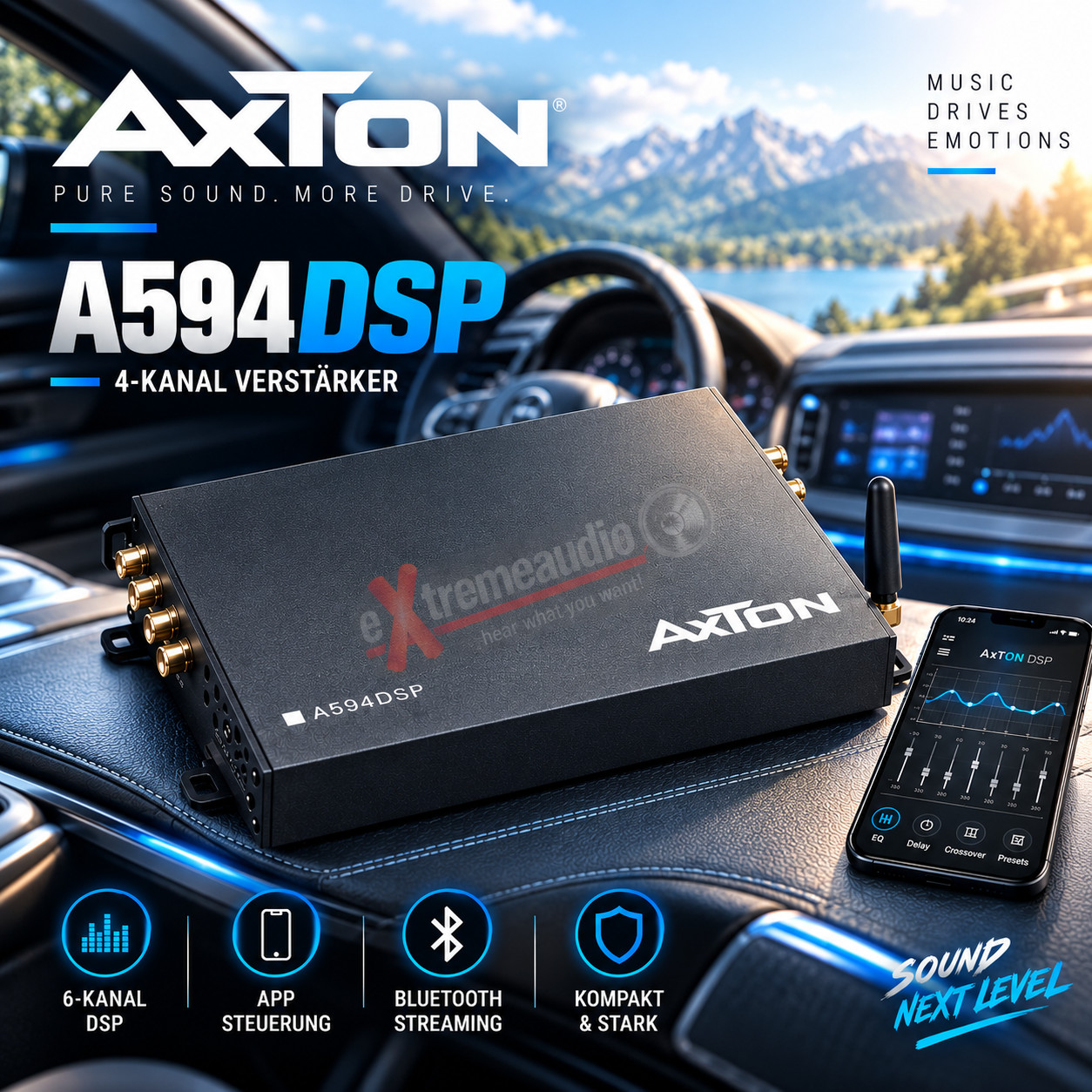 Axton A594DSP 4-Kanal Verstärker With 6-Kanal Dsp, Cell App-Steuerung, Bluetooth