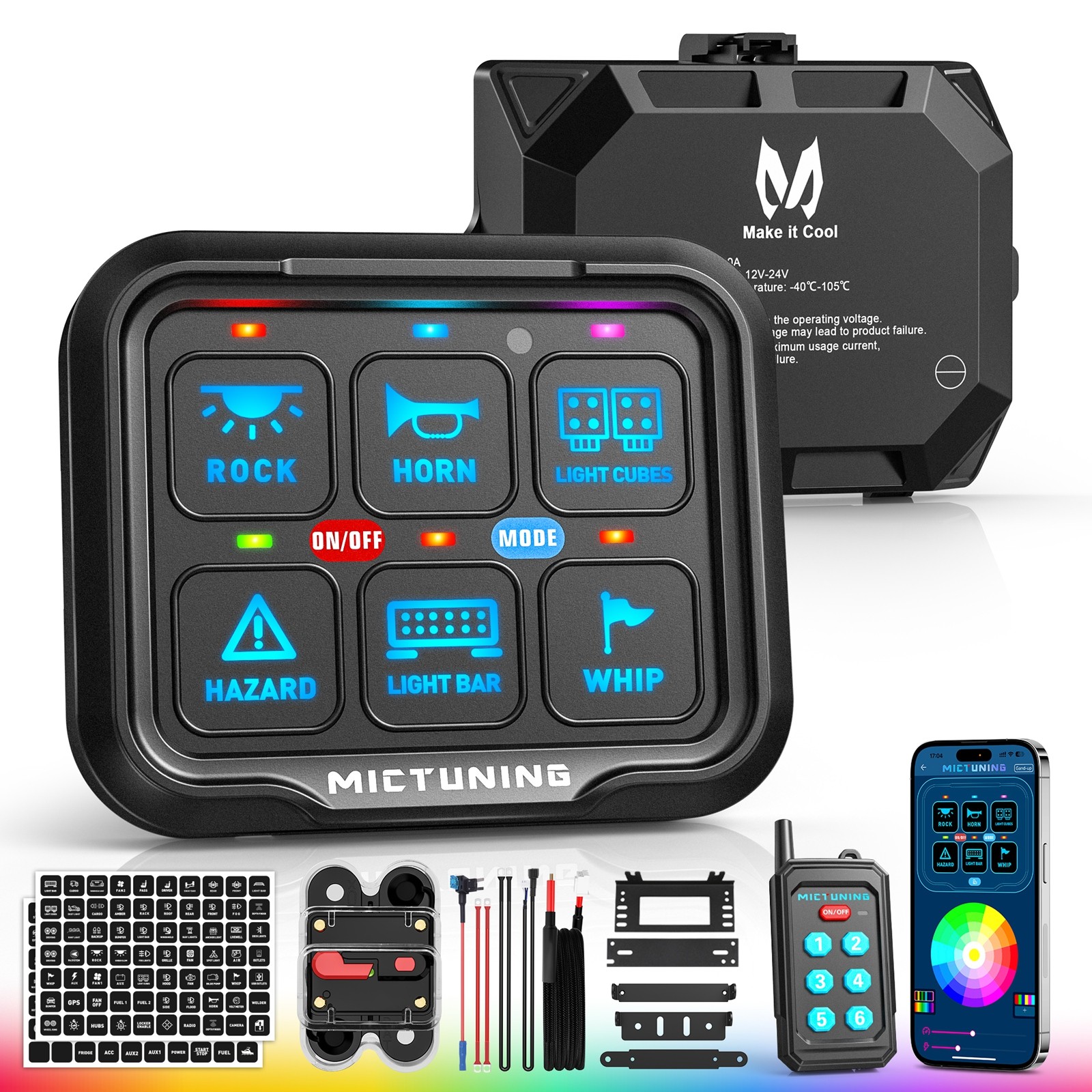 MICTUNING P8Y 6-Gang RGB LED Touch Switch Auto-Dimming Wireless Remote & App