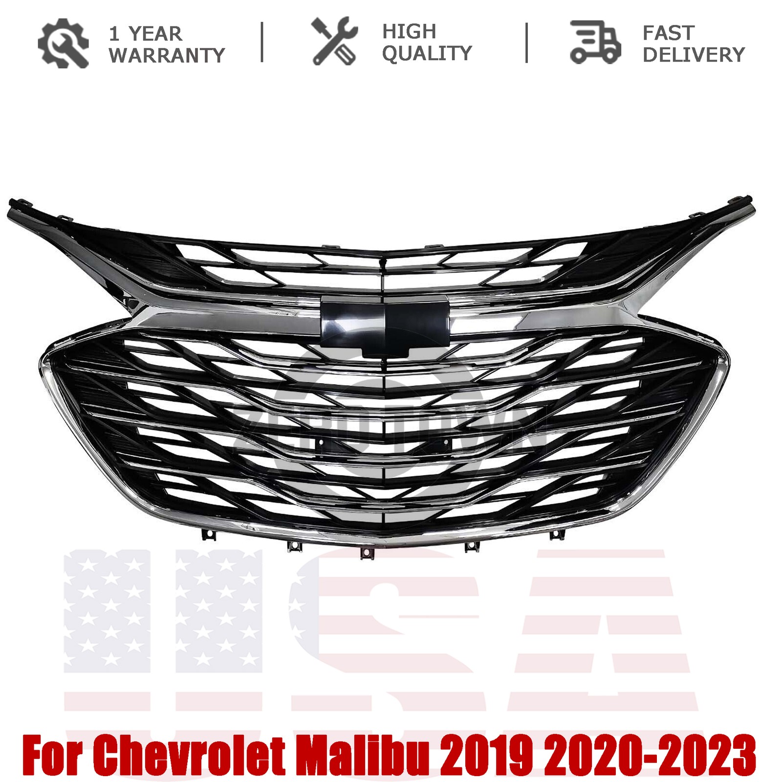 3PCS For 2019 2020-2023 Chevrolet Malibu Chrome Front Bumper Upper Lower Grille