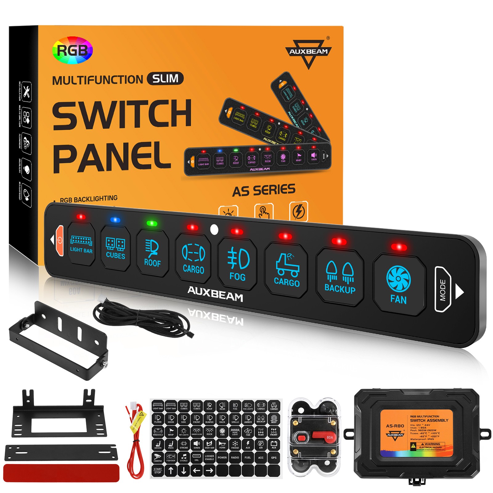 AUXBEAM 8 Gang AS-R80 RGB Multifunction Switch Panel Control Relay System Kit