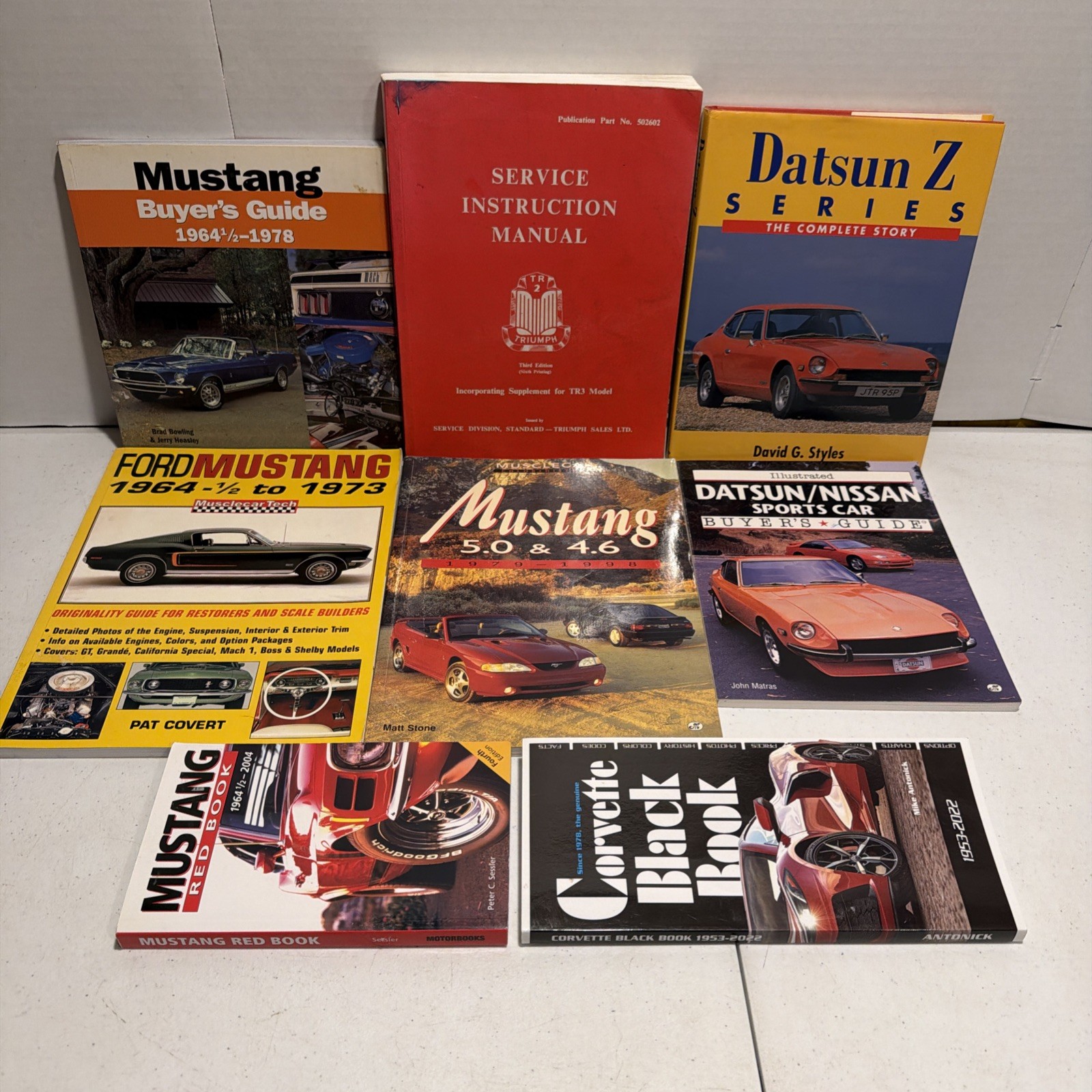 8 Vintage Car Manual Lot - Datsun Z - Triumph TR3 - Ford Mustang - Corvette LOT