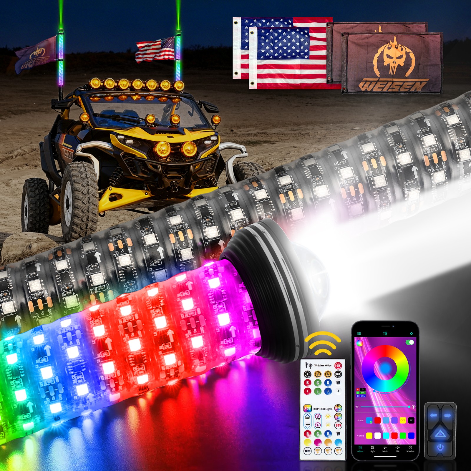 2-IN-1 3FT Fat Whip Lights Spiral Chasing Laser Whip Lighted Antenna For X3 RZR