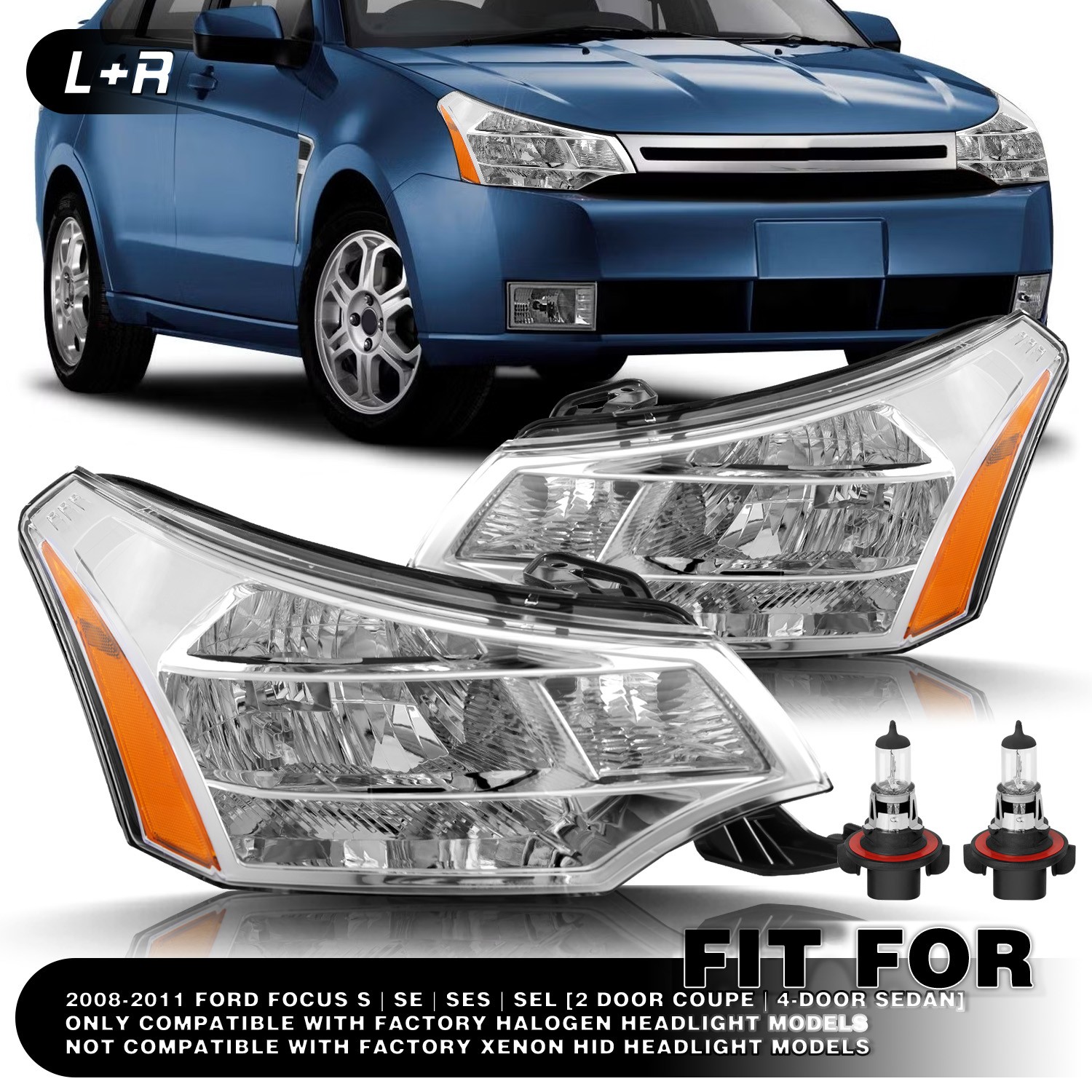 Pair For 2008-2011 Ford Focus S SE SES SEL Halogen Headlights w/ Bulb Left+Right