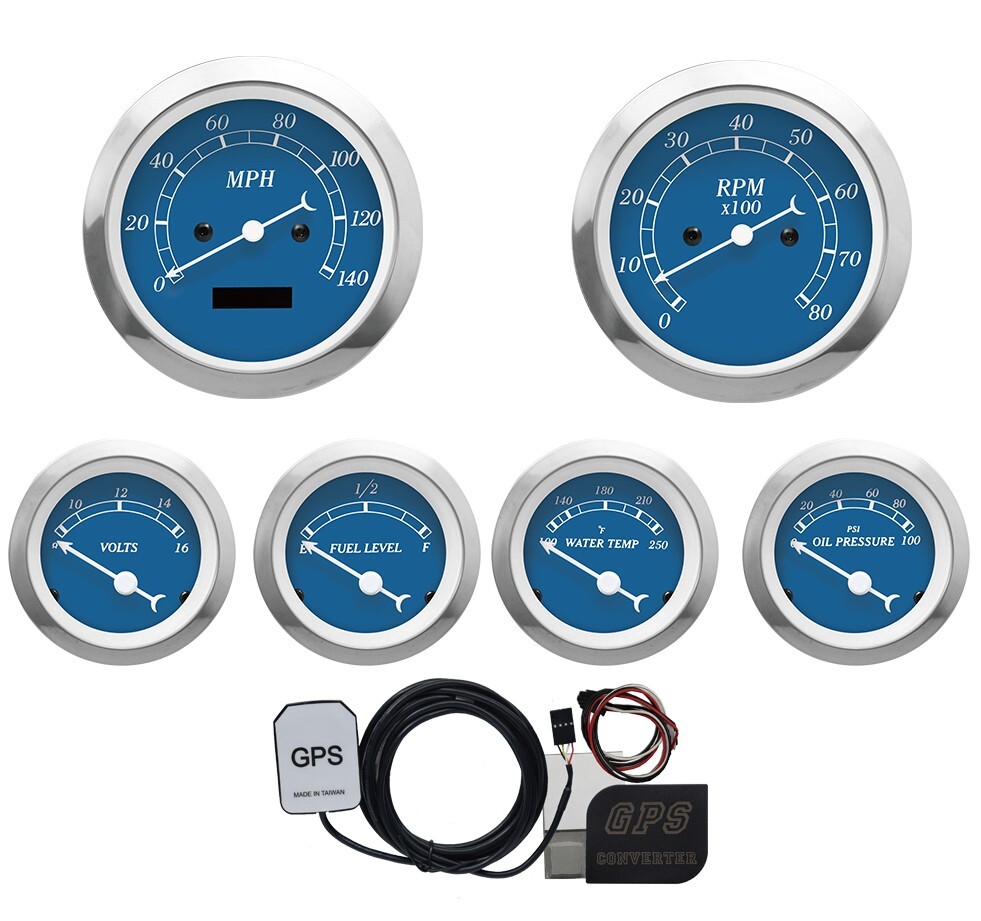 MOTOR METER RACING Classic Blue 6 Gauge Set 85mm GPS Speedometer MPH °F PSI