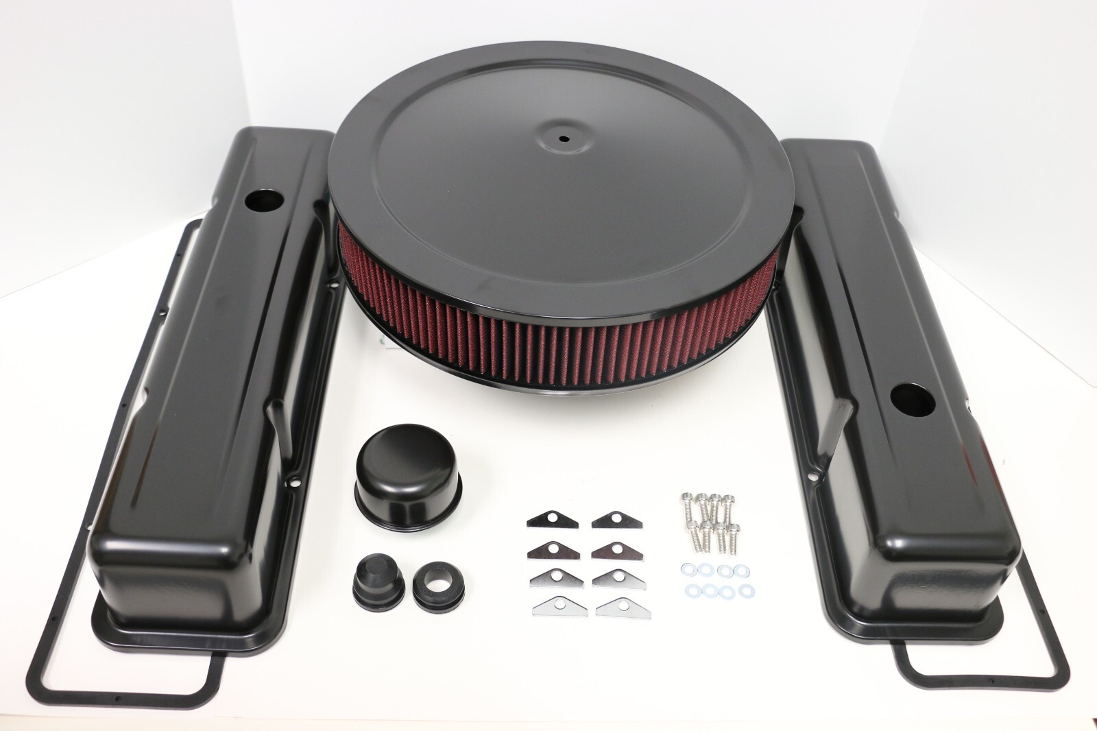 SB Chevy Black Engine Dress Up Kit Tall Valve Covers Washable Air Cleaner SBC
