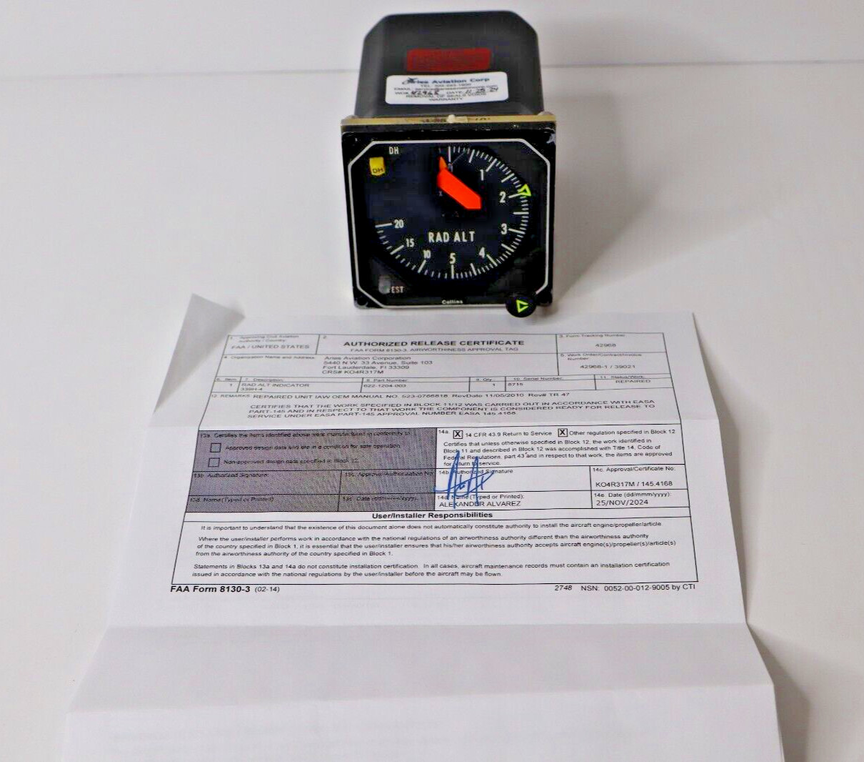 Collins 339H-4 Radio Altimeter Indicator 622-1204-003 Repaired FAA 8130-3 Form