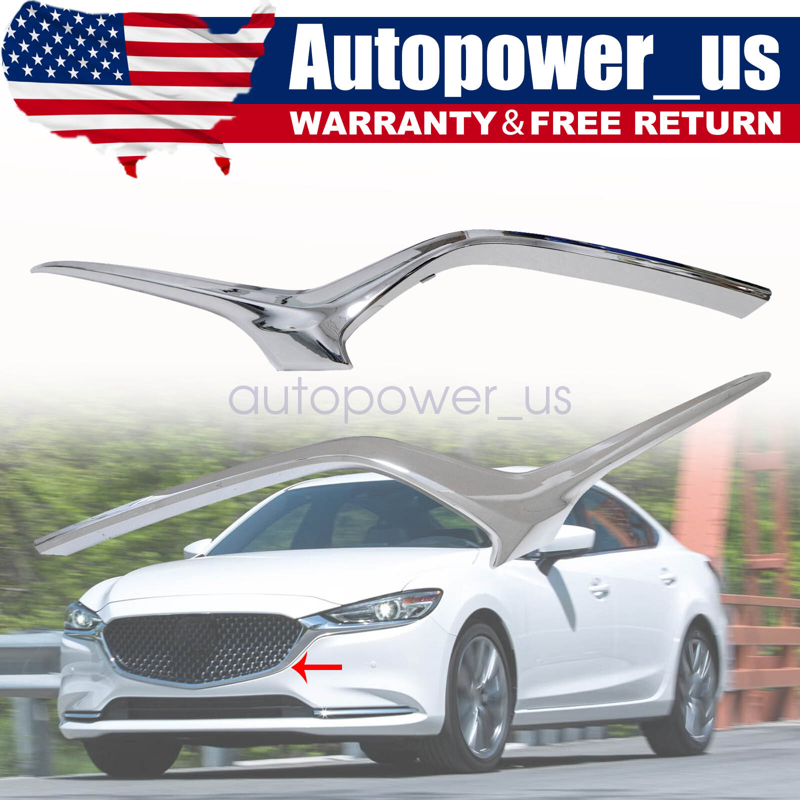 2Pcs Front Driver&Passenger Chrome Plastic Grille Molding Trim For 18-21 Mazda 6