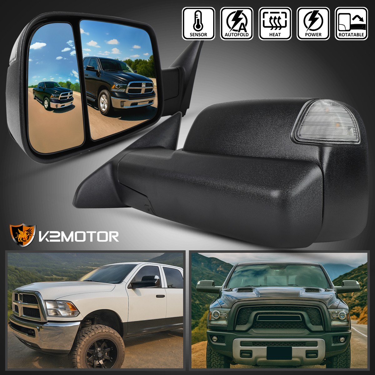 Fits 2013-2024 Ram 1500 Power Fold+Heated+LED Signal+Puddle Tow Mirrors
