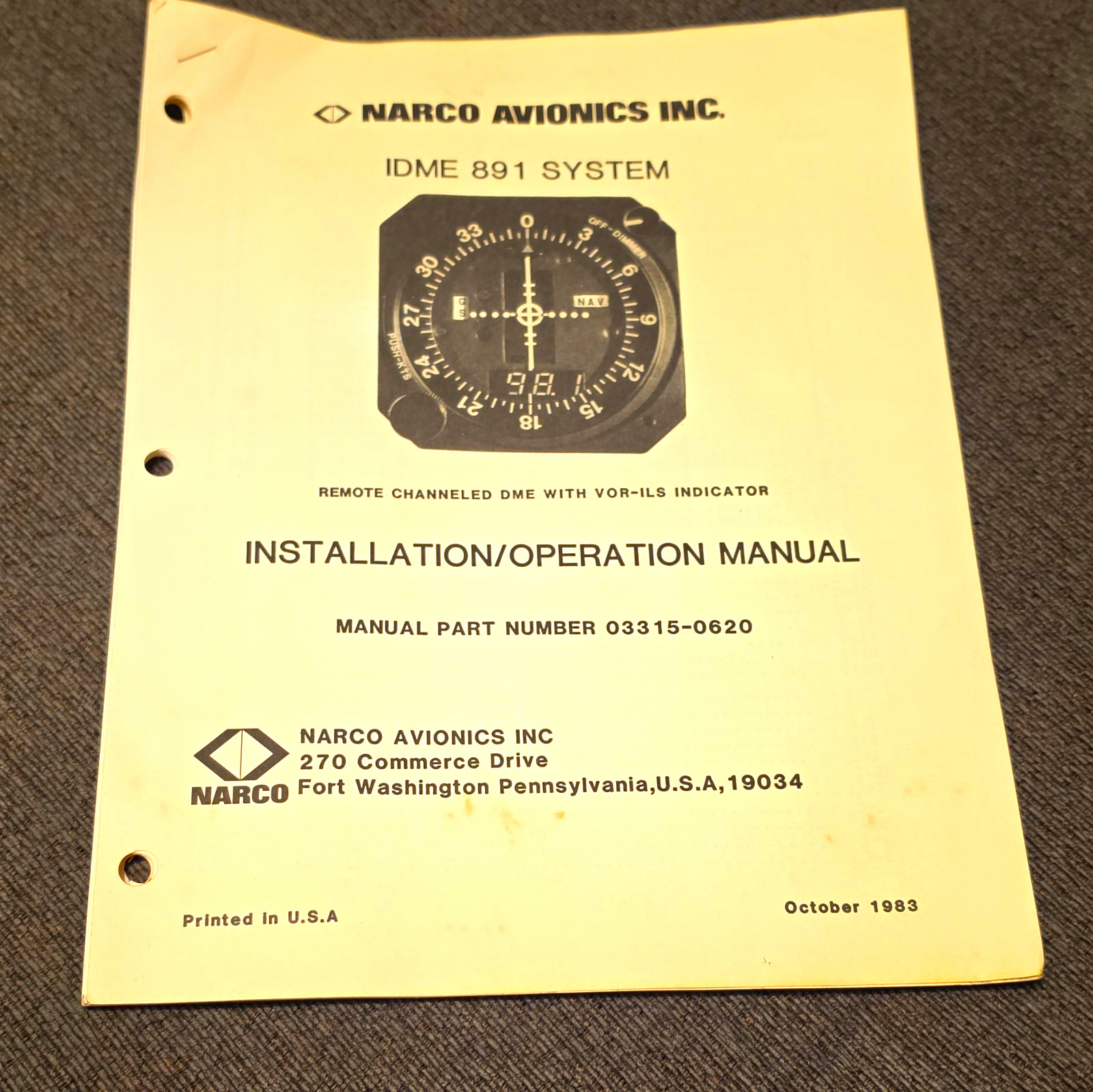 Vintage 1983 Narco IDME-891 DME VOR-ILS Installation Operation Manual 03315-0620