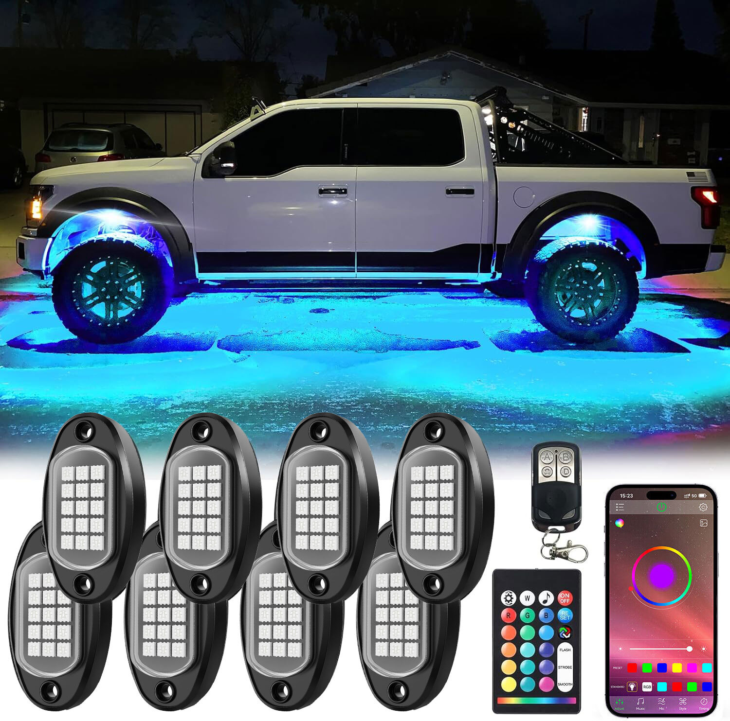 OffRoad 8 Pods RGB LED Rock Lights Underglow Underbody Car Truck Neon Lamp Music