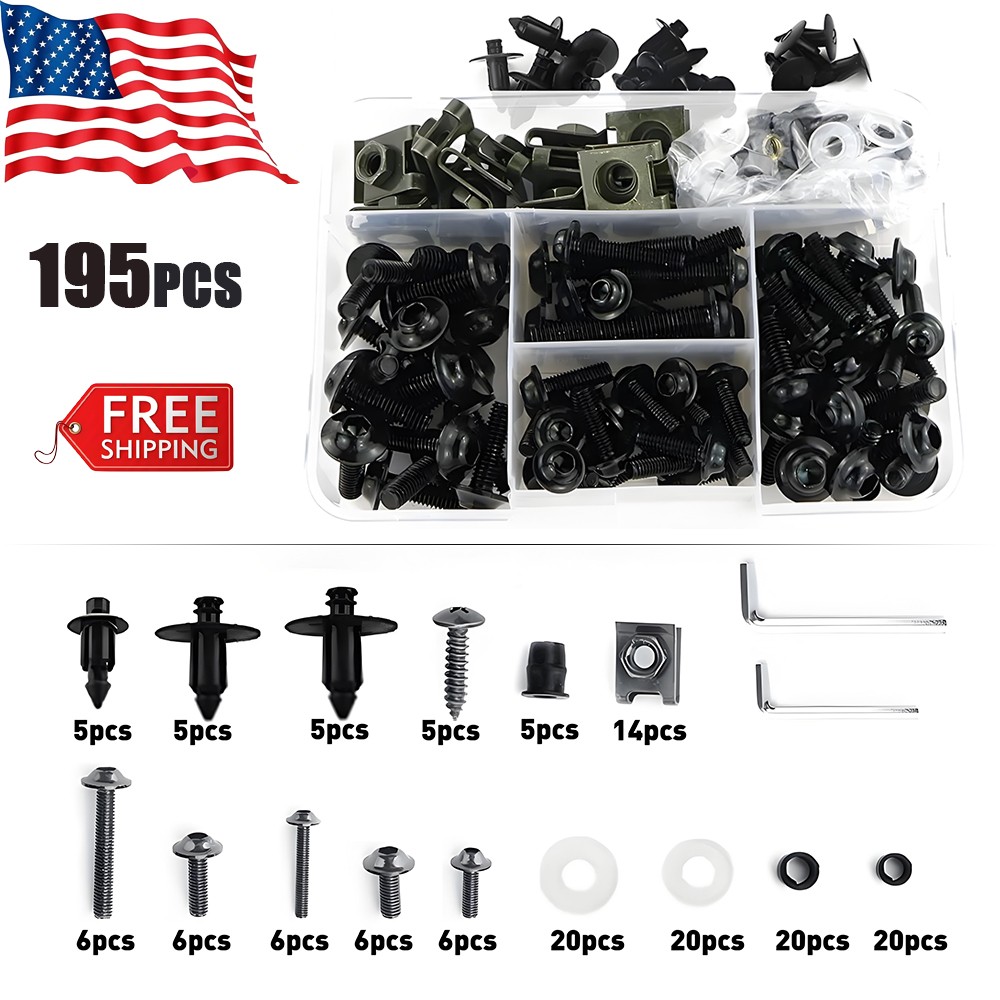 Motorcycle Fairing Bolt Kit, 195 Pcs M5 M6 Aluminum Screws Assortment Kit Black