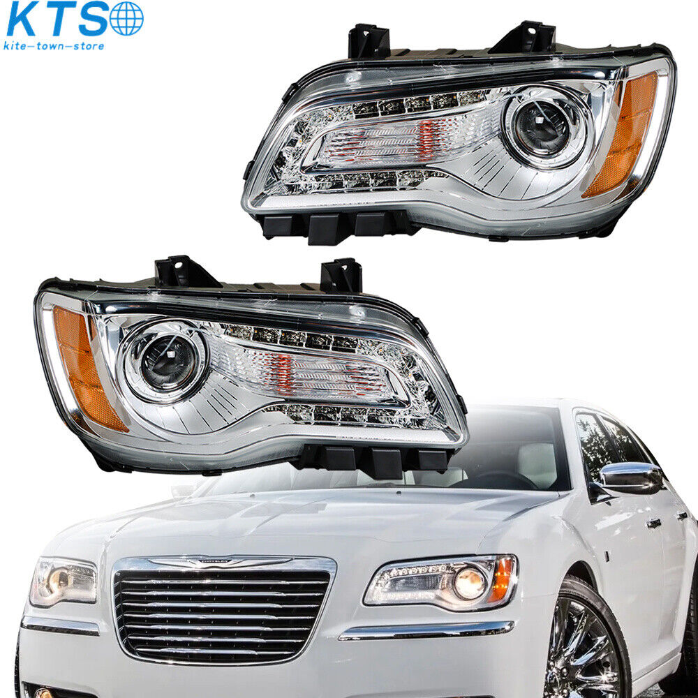 Pair For 2011-2014 Chrysler 300/300C Halogen Headlight Chrome Lamp Left & Right