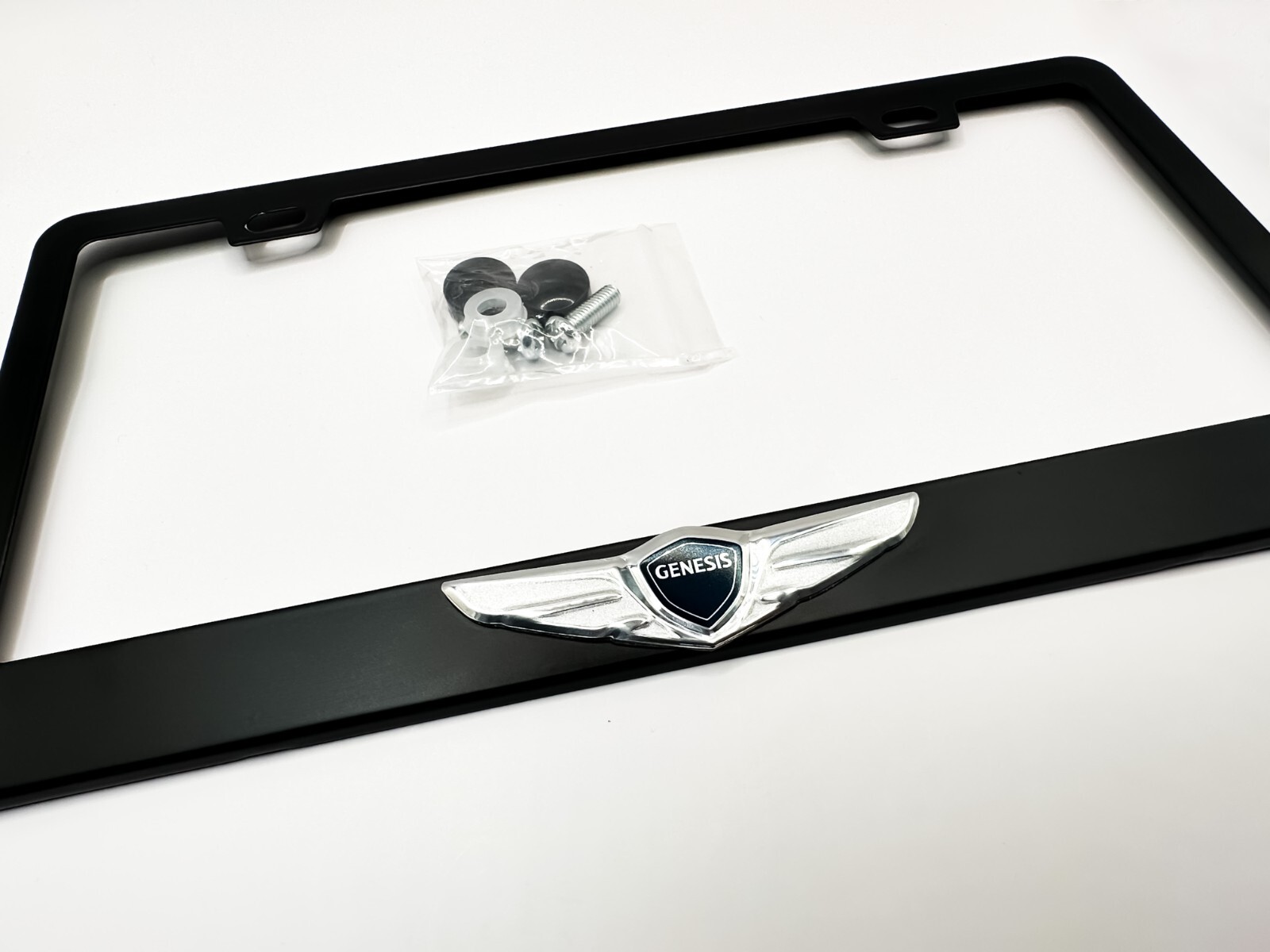 BLACK Genesis Wing License Plate Frame with Chrome Wing Logo Stainless Steel