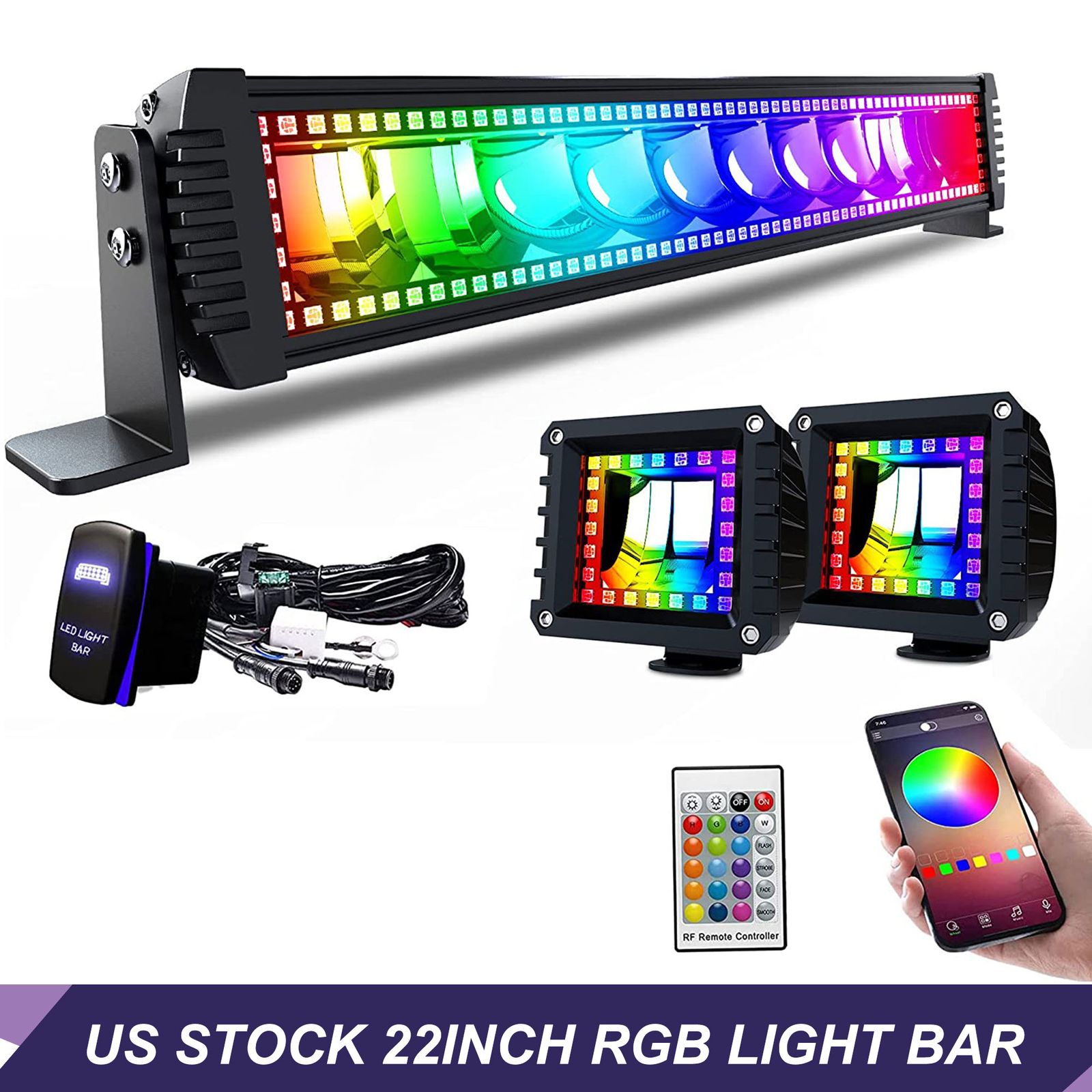 22inch LED Light Bar RGB Color Changing Chasing Strobe Remote Control for Chevy