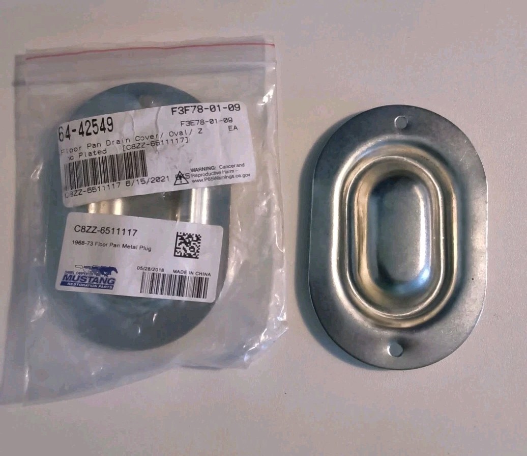 68 -73 Mustang Metal Floor Pan Plug - Daniel Carpenter-Zinc Plated- Pair-new