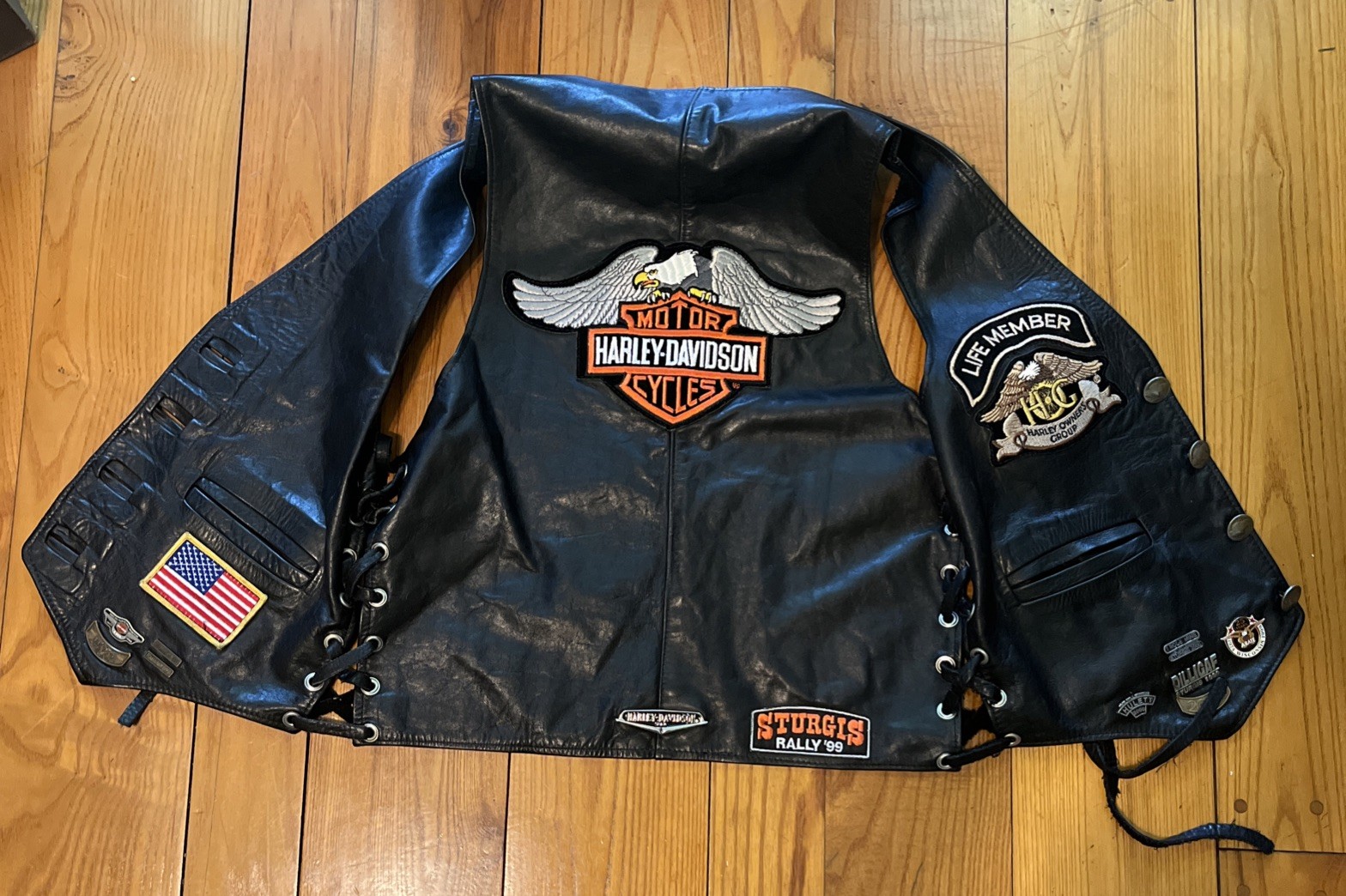 VTG. 90’s Kelly\'s Leather Works Biker Lace Vest SZ 38 STURGIS Harley Davidson