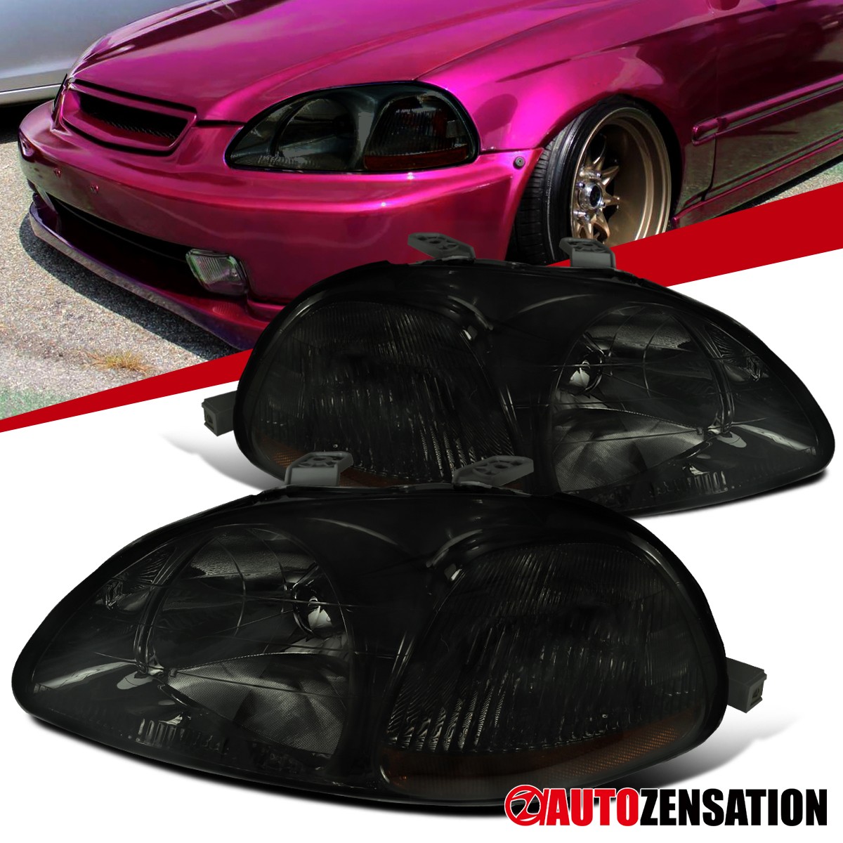 Fit 1996-1998 Honda Civic Coupe Sedan Smoke Headlights Lamps Left+Right 96 97 98
