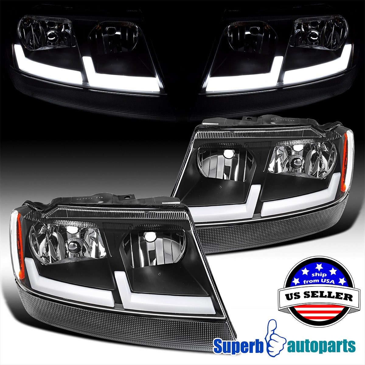 Fit 1999-2004 Jeep Grand Cherokee LED Tube Black Headlights Headlamps Left+Right
