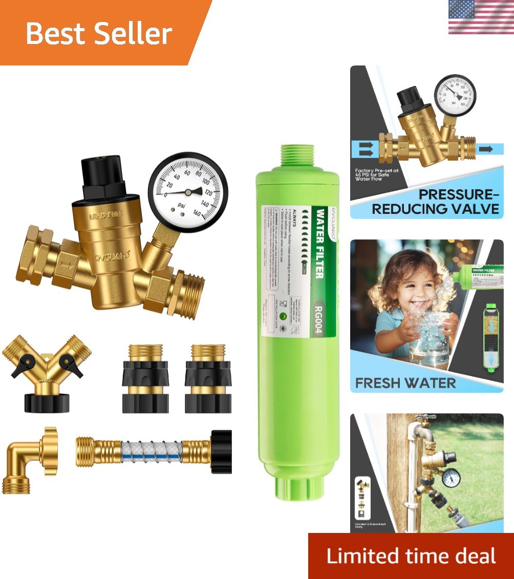 RV Fresh Water Kit: Lead-Free Brass Regulator & Inline Filter Included