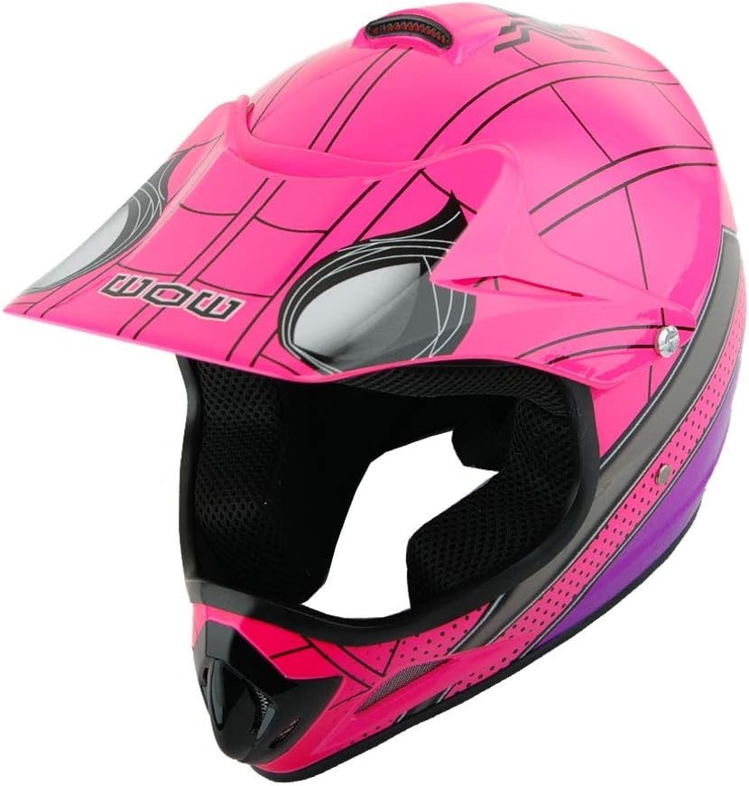 WOW Youth Kids Motocross BMX ATV Dirt Bike Helmet Spider Pink + Goggles + Gloves