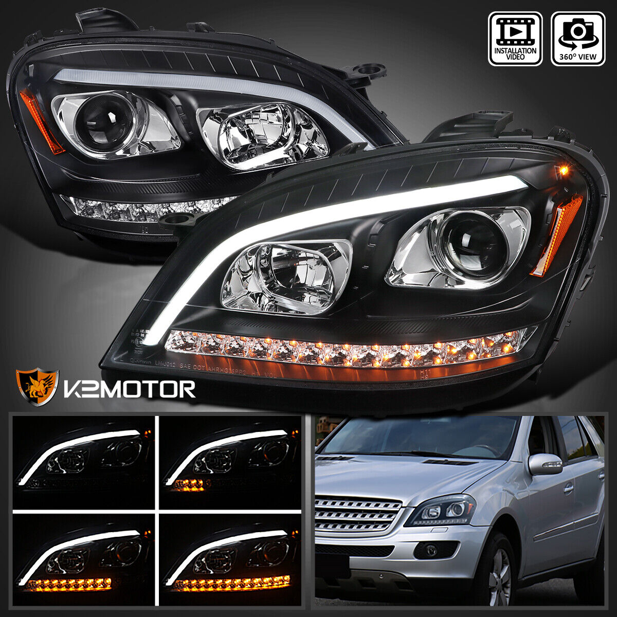 Black Fits 2006-2008 Mercedes Benz W164 ML350/500 LED Strip Projector Headlights