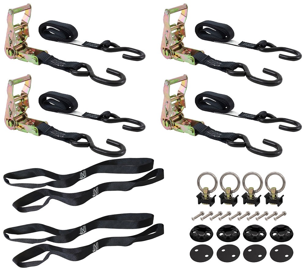 6pc Motorcycle Tie Down Kit Black Ratchet Straps S-Hooks Motorcycle Straps