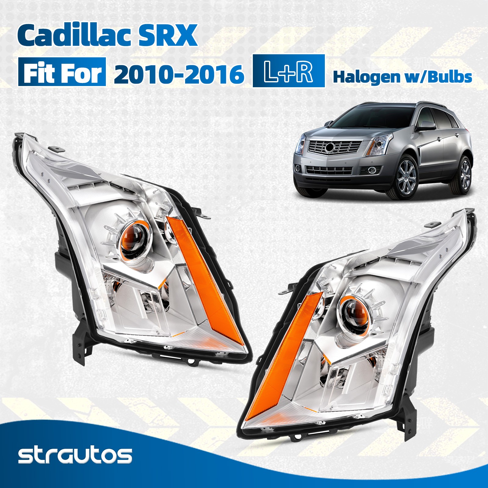 For 2010-2016 Cadillac SRX Halogen Headlights w/ LED DRL w/ Bulbs Pair