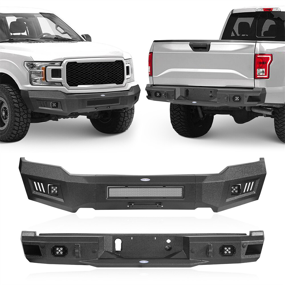 Fit 2018-2020 Ford F-150 Full-Width Steel Front & Rear Back Bumper w/ LED Light
