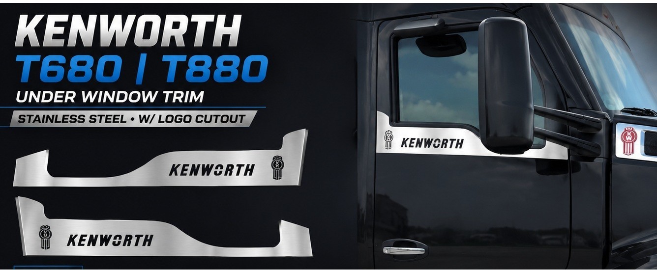 Kenworth T680 T880 Under Window Trim W/KW LOGO AND SIGN CUTOUT SS Pair Set