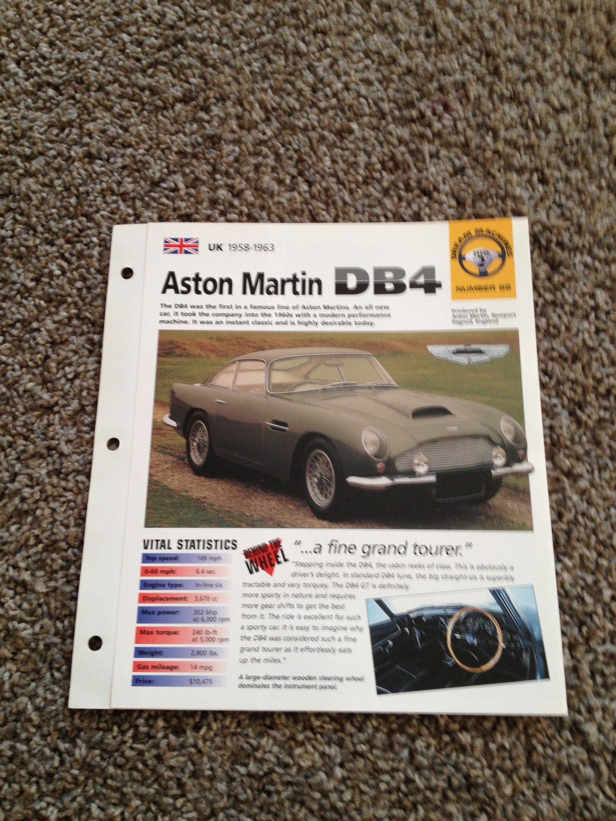 UK 1958-1963 Aston Martin DB4 Hot Cars Group 2 # 68 Spec Sheet Brochure