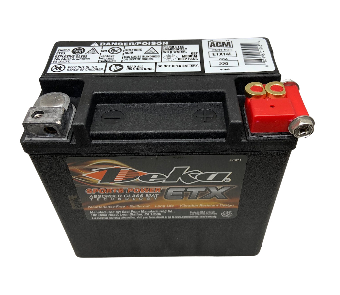 Deka ETX14L Battery, also replaces Harley Davidson 65958-04A model