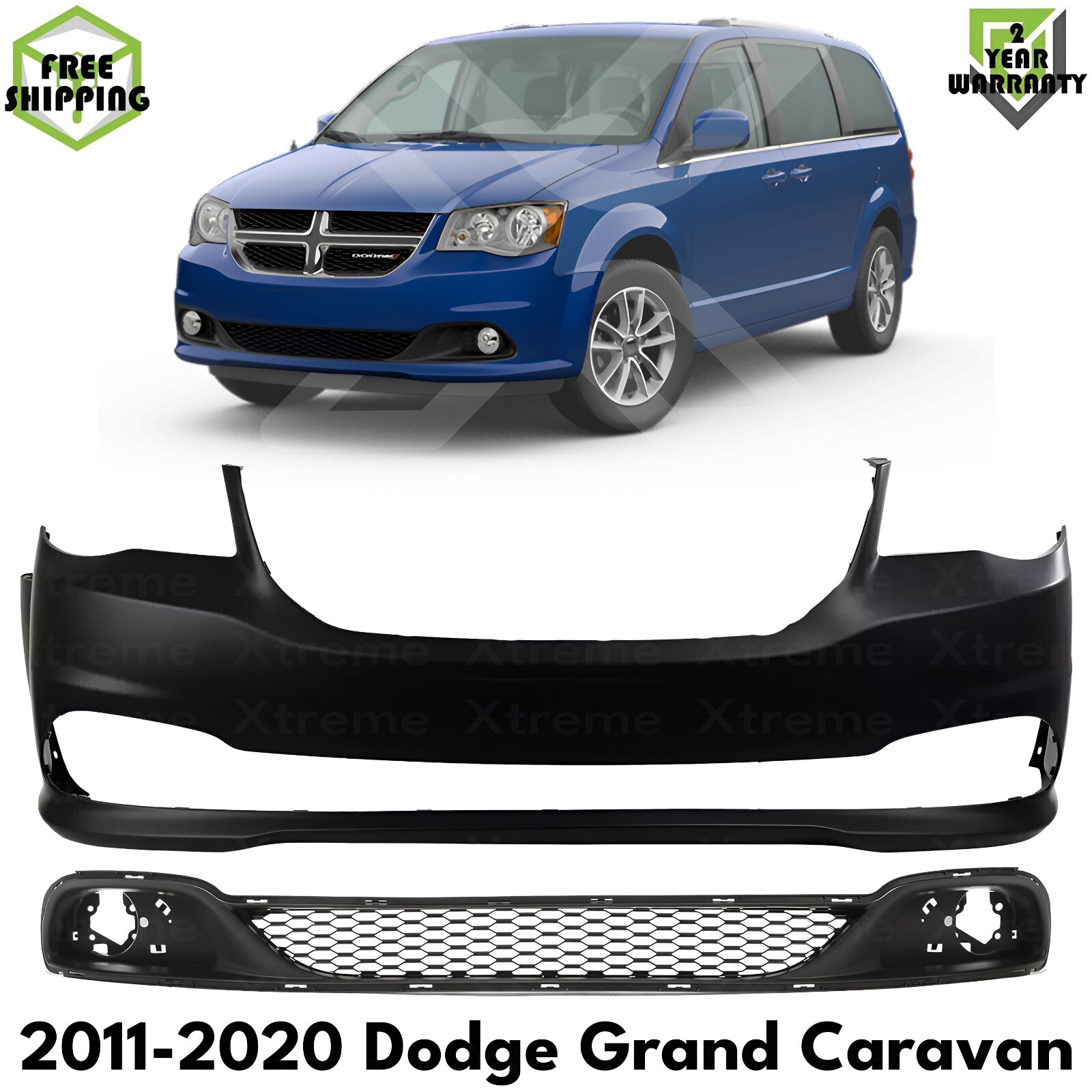 Front Bumper Cover Primed & Bumper Grille Kit For 2011-2020 Dodge Grand Caravan