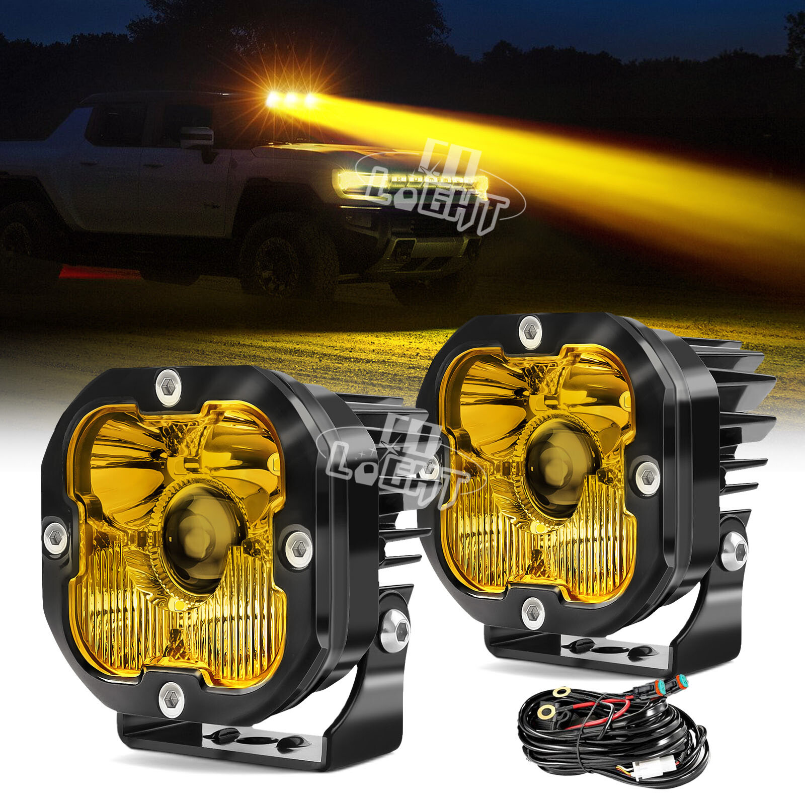 Pair Laser LED Work Light Amber Cube Pods Offroad Driving Fog Lamp 3INCH SUV 4X4