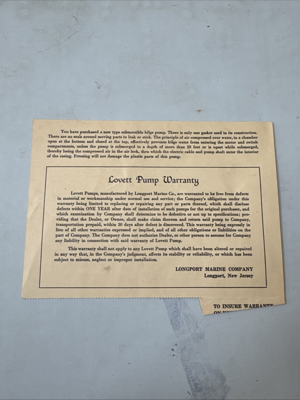 Vintage Lovett Pump Warrenty Paperwork C4#2