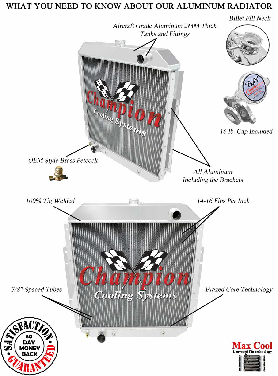 KR Champion 3 Row All Aluminum Radiator for 1968 - 1977 Ford F-Series V8 Engine