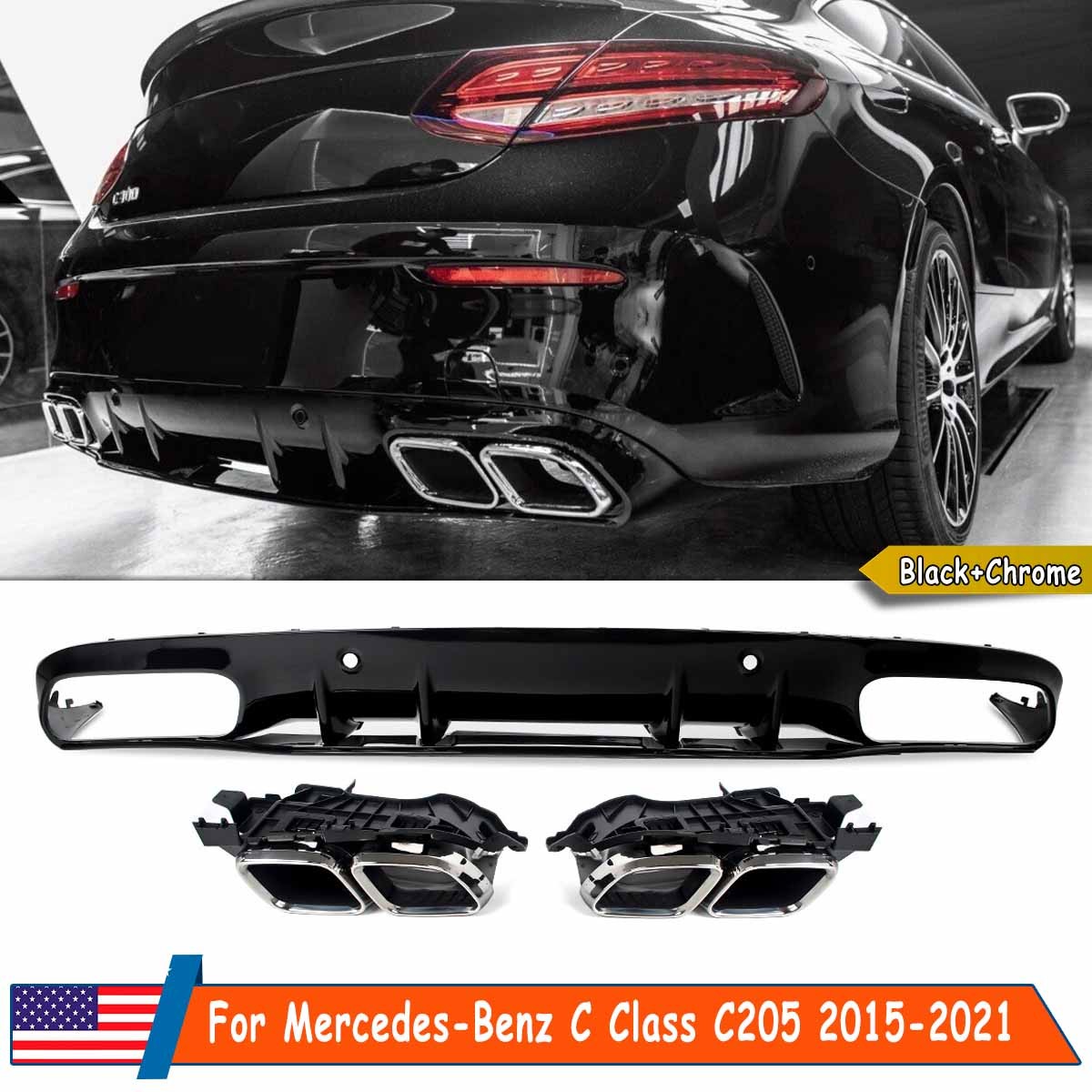For 2015-21 Benz C205 C300 2DR Coupe Rear Diffuser Chrome Exhaust Tips C63 Style
