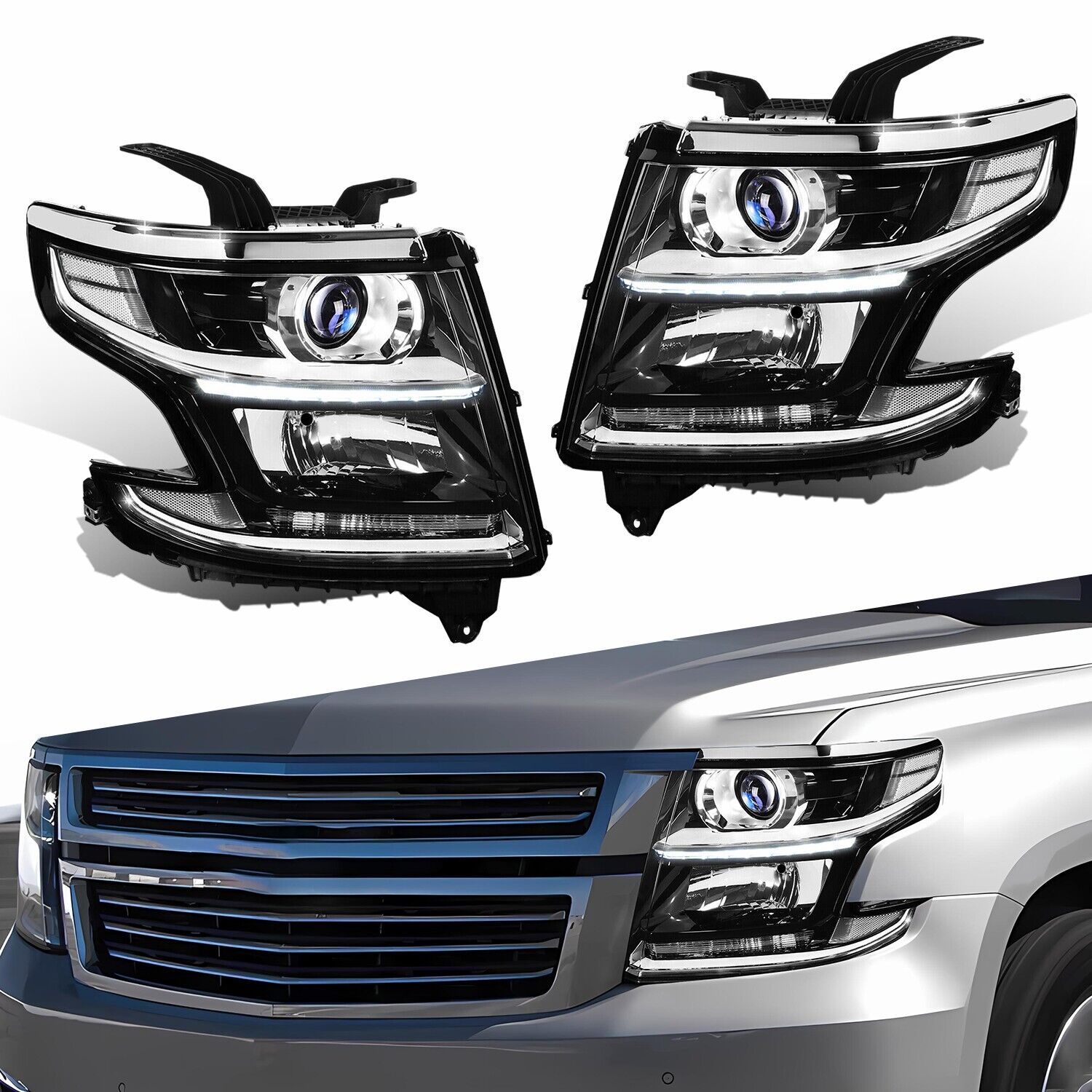 PAIR FOR 15-19 20 CHEVY TAHOE SUBURBAN LED 3500HD 16-19 PROJECTOR HEADLIGHTS DRL