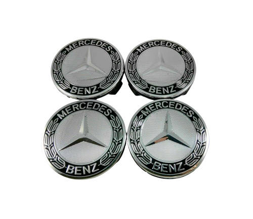 SET OF 4 Mercedes-Benz Silver & Black 75MM Wheel Rim Center Hub Caps AMG WREATH