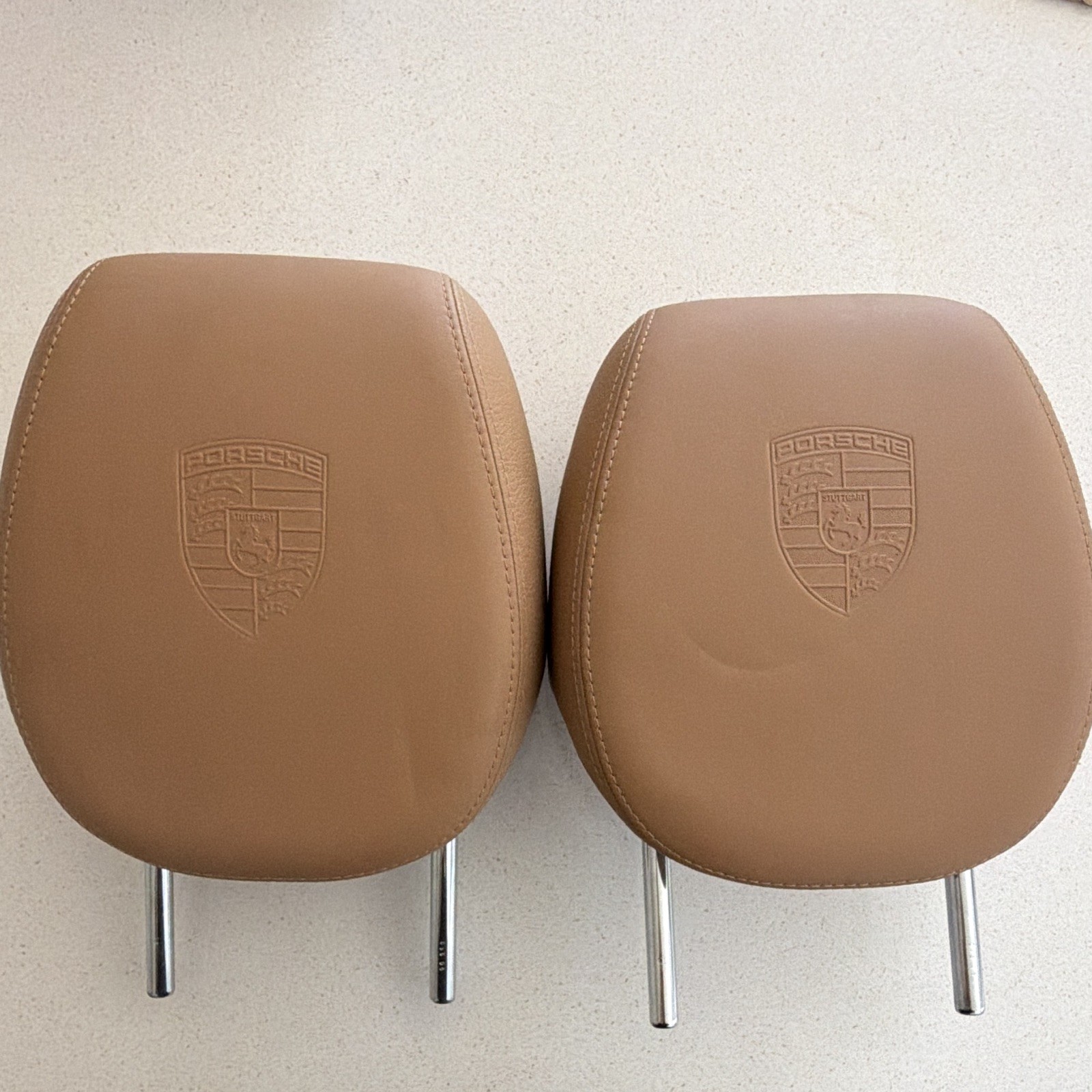 OEM Genuine Porsche Cognac Brown Leather Headrests Pair Embossed Crest Factory OEM Genuine Porsche Cognac Brown Leather Headrests Pair Embossed Crest Factory