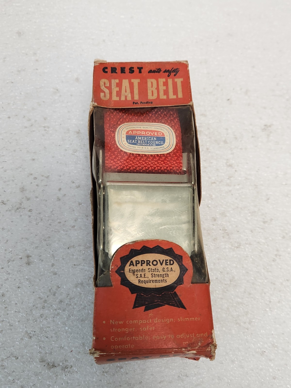 VTG NEW 50's 60's Car Truck Red Flame Lap Seat Belt Crest Superior Industries VTG NEW 50's 60's Car Truck Red Flame Lap Seat Belt Crest Superior Industries