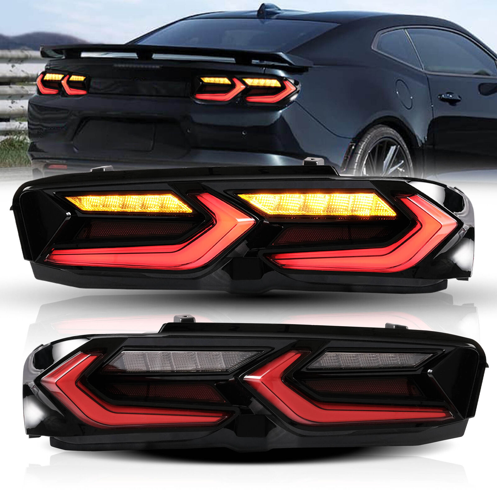 For 2019-2023 Chevrolet Chevy Camaro LED Tail Lights Red Smoke Sequential Pair