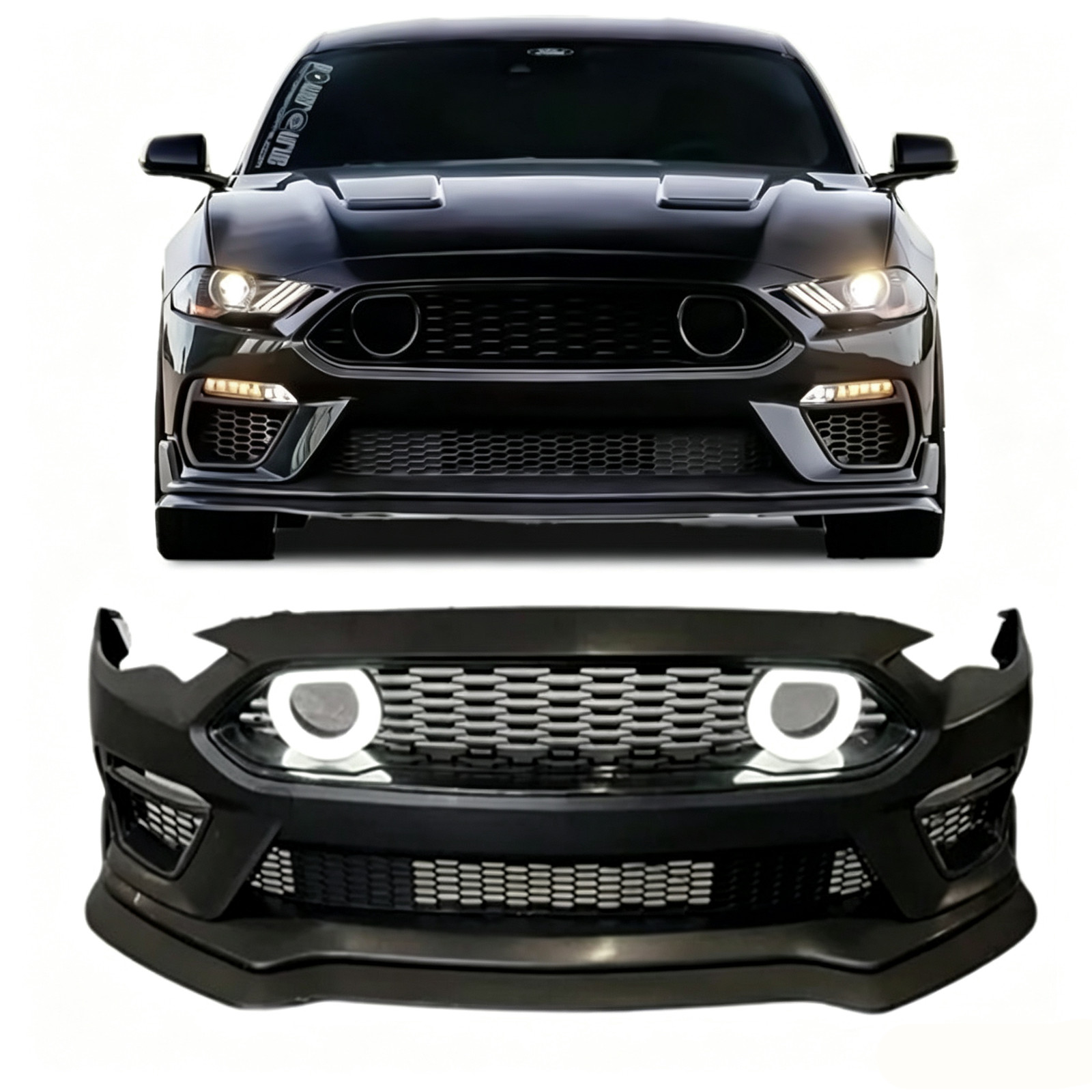 For 2018-2023 Ford Mustang Mach-1 Style Front Bumper Cover with Lip LED Grille