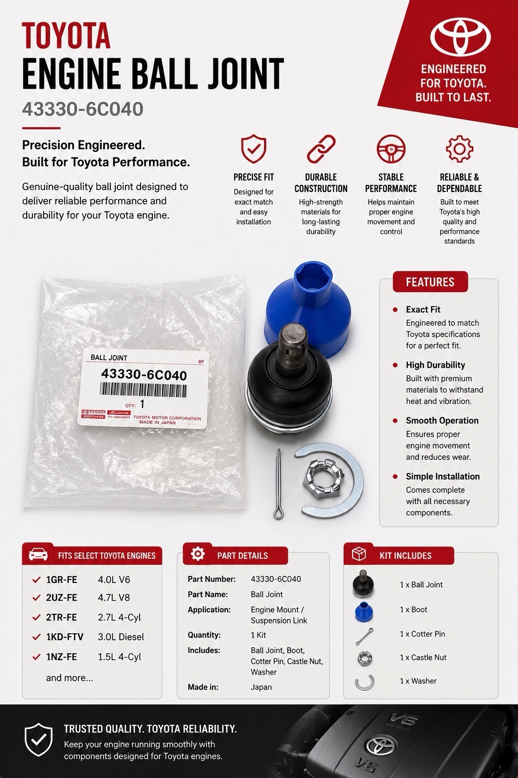 Toyota Genuine 43310-60040  Upper Ball Joint for Tacoma GX470 Toyota 4Runner FJ