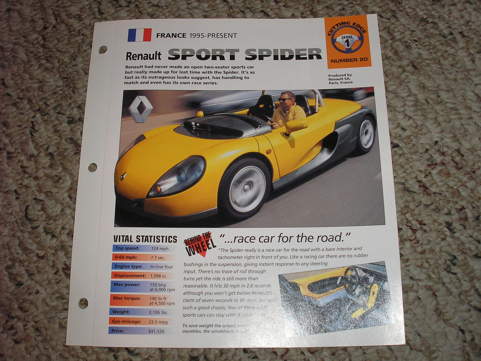 France 1995-Present Renault Sport Spider Hot Cars 1 # 20 Spec Sheet Brochure