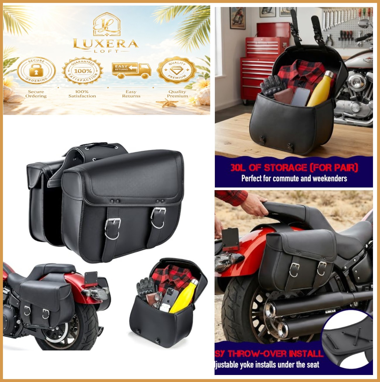 Motorcycle Saddlebags 30L Pair PU Leather Water Resistant Throw Over Universal
