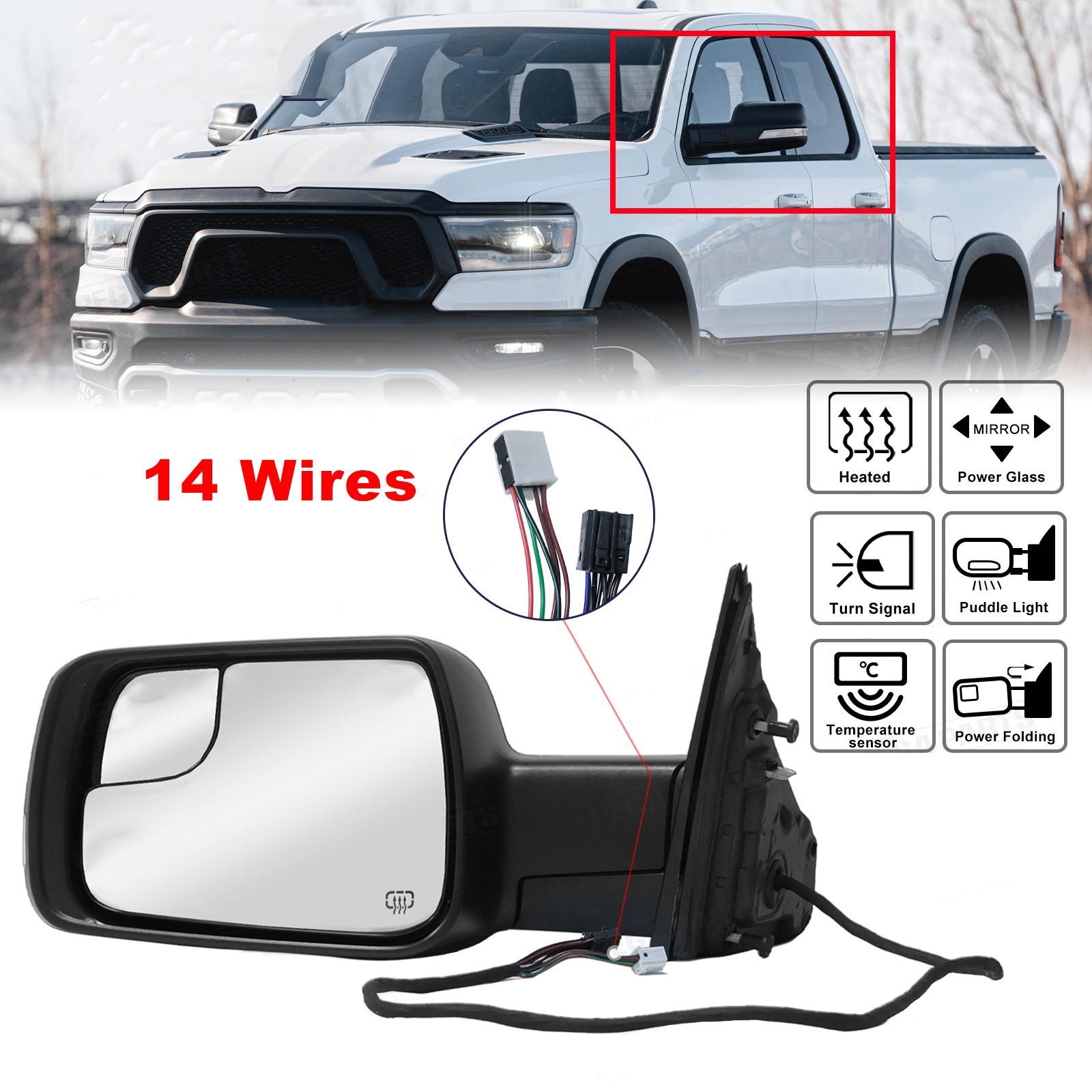Heated Power Folding Driver Left Side Mirror For Ram 1500 2019-2024 68462769AB